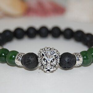 Lion Bracelet,Lava Bracelet,Lava Lion Charm Bracelet,8mm Lava Stone Beads